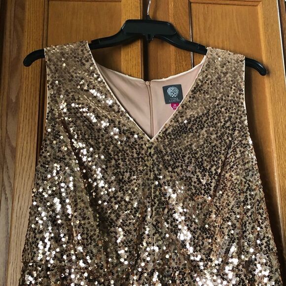 NWT Vince Camuto Sequin V-Neck Blouson Fit & Flare Dress Rose Gold Plus Size 14W - Picture 3 of 12
